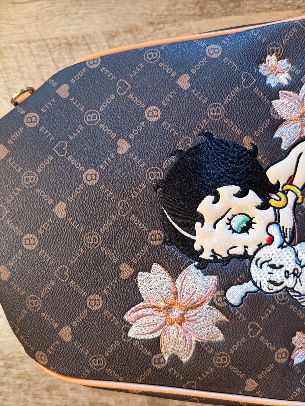 Betty Boop Brown Crossbody Bag with Embroidered Floral & Character Motif